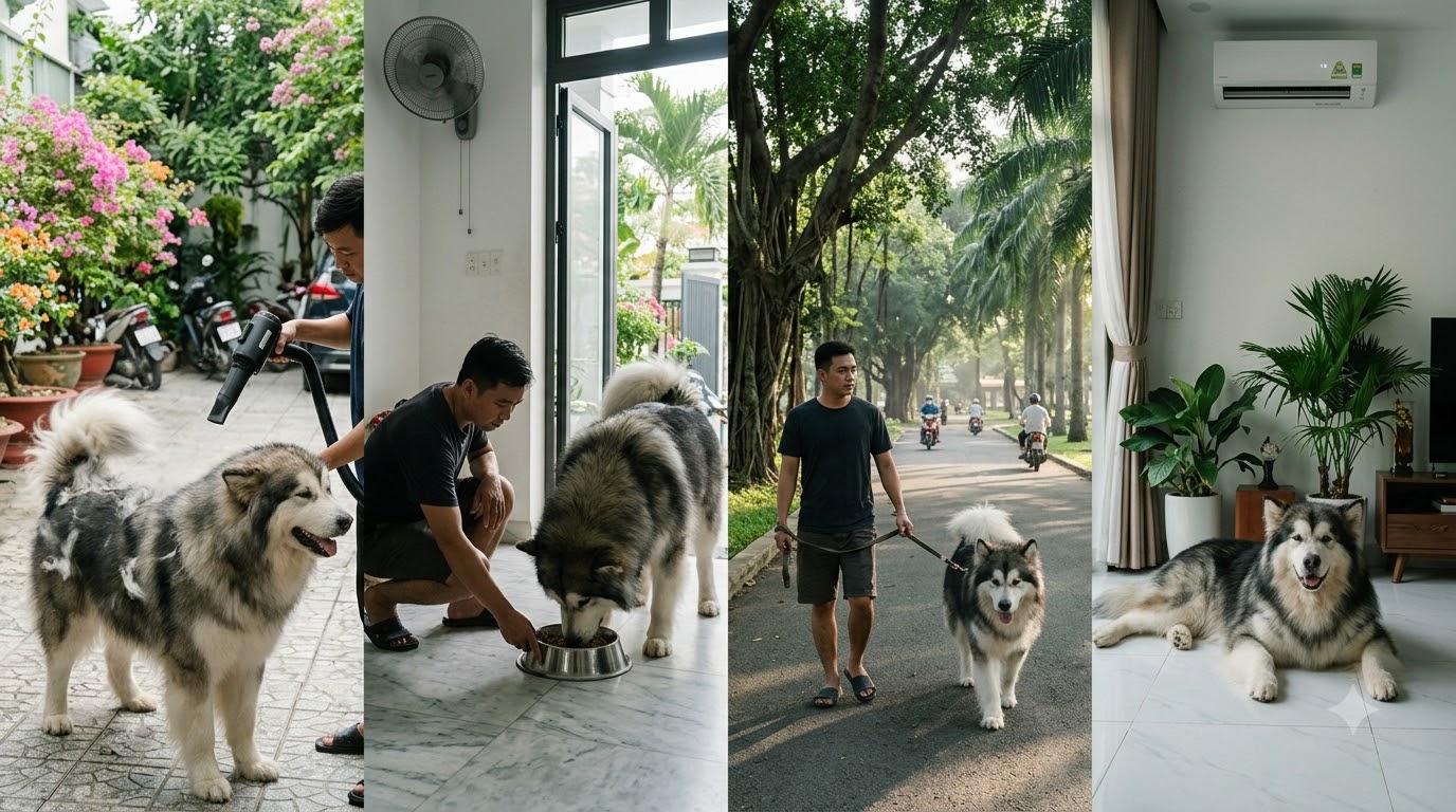 Hai chú chó Alaska Malamute có kích thước cơ thể khác nhau đứng cạnh nhau