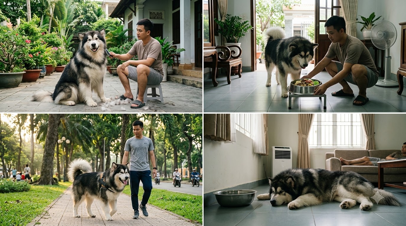 Người nuôi sử dụng lược chuyên dụng chải bộ lông hai lớp dày của chó Alaska