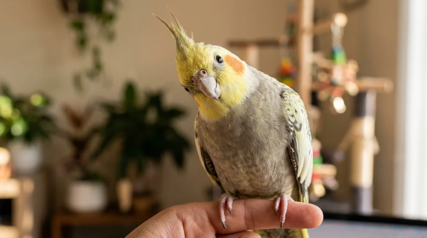 Thuần hóa vẹt Cockatiel dạn dĩ không cắn tay Vẹt Cockatiel đứng ngoan ngoãn trên ngón tay người nuôi