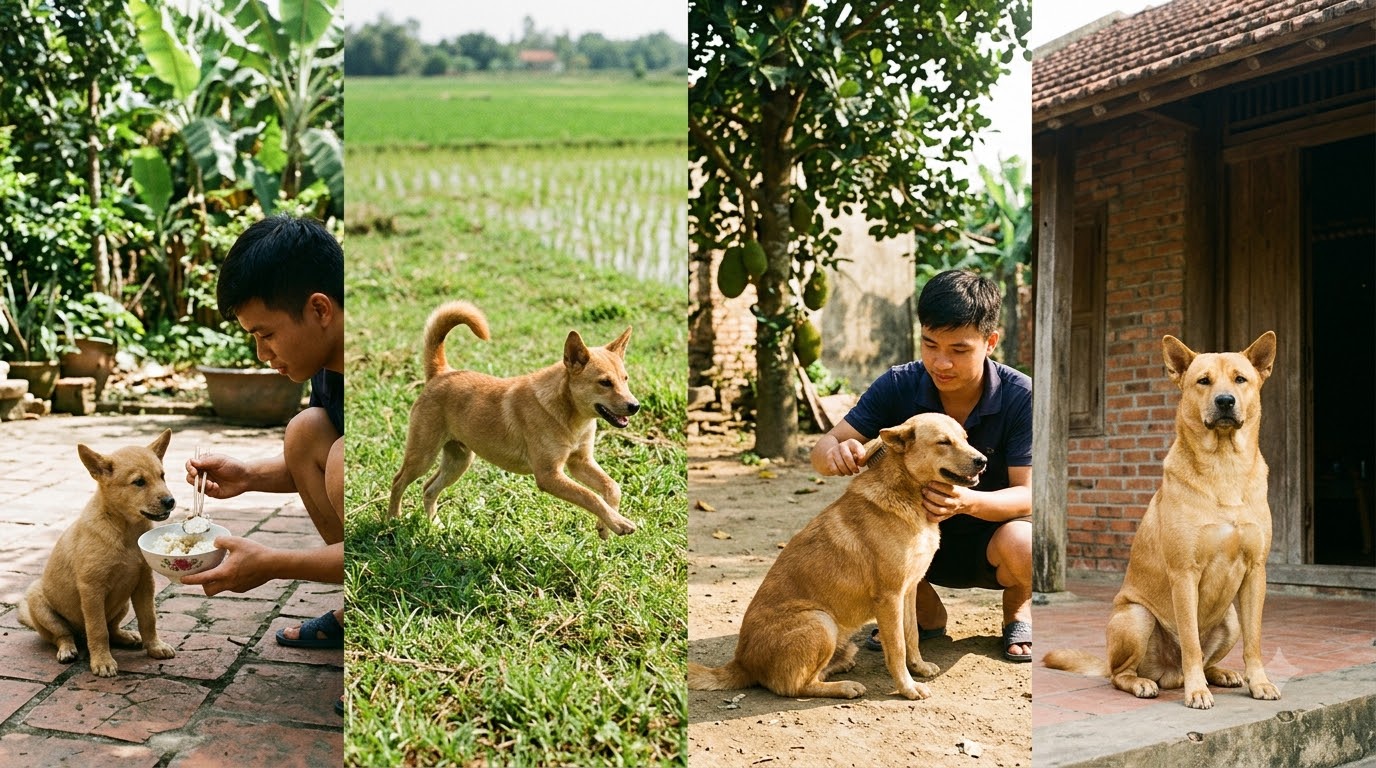 Chó ta vận động chạy nhảy ngoài sân vườn nhiều ánh sáng