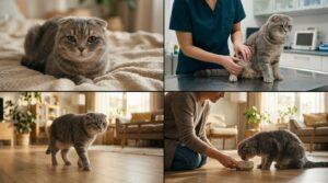 Bác sĩ thú y thăm khám khả năng vận động của mèo Scottish Fold
