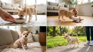 Bàn tay vuốt ve cẩn thận đỉnh đầu có thóp mềm molera của cún chihuahua