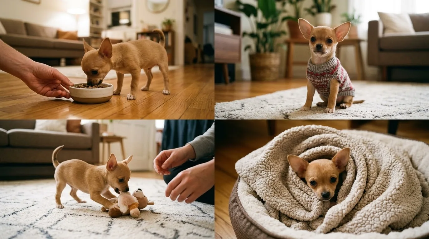 Chó chihuahua lông ngắn cuộn tròn run rẩy vì lạnh