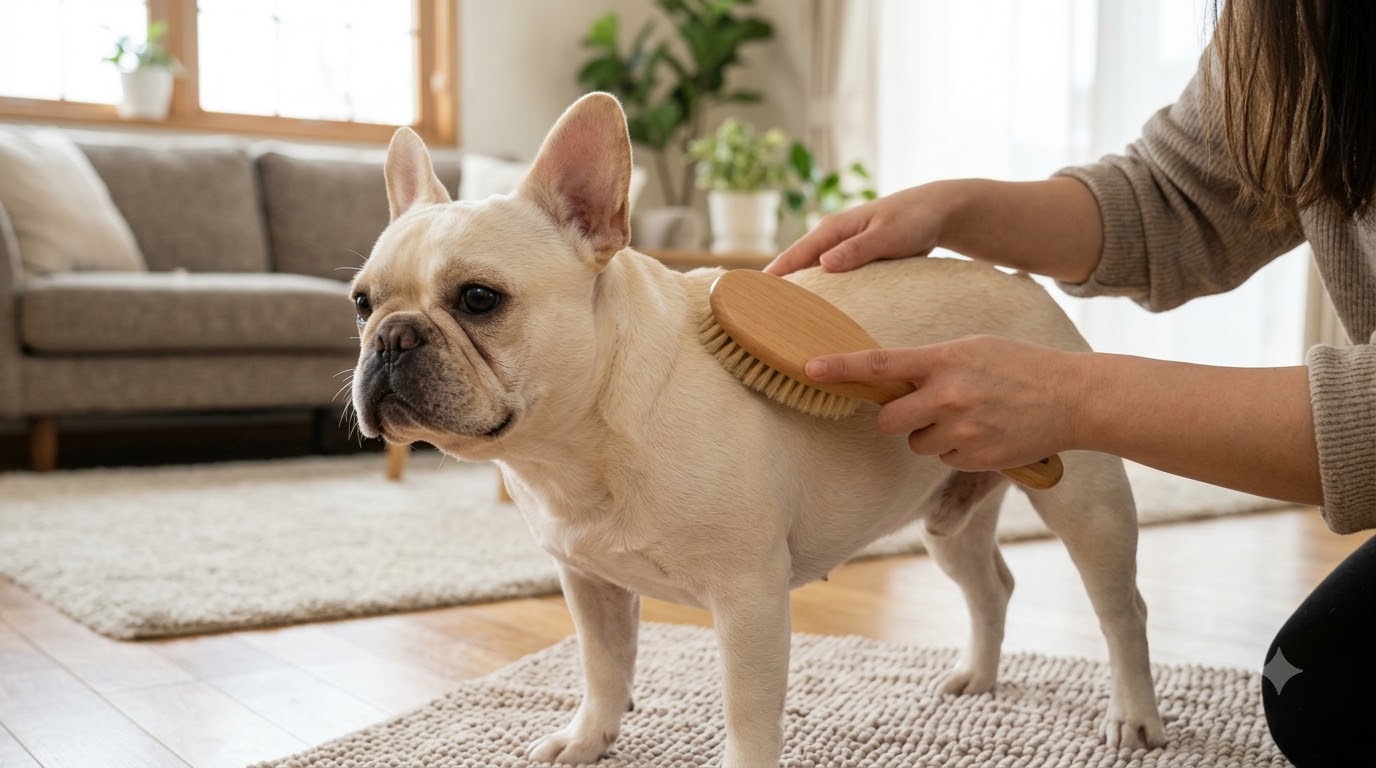 Chó Bull Pháp thở dốc nằm nghỉ ngơi nơi râm mát có khay nước bên cạnh
