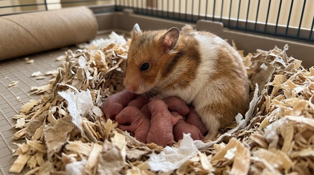 Hamster mẹ chăm sóc đàn con trong ổ