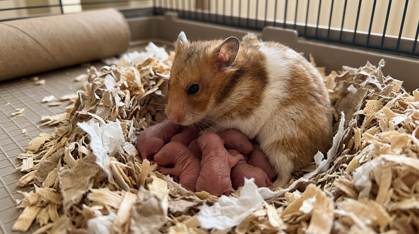 Hamster mẹ chăm sóc đàn con trong ổ