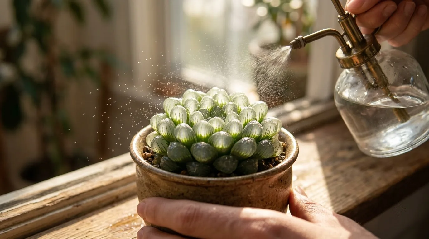 Cây Haworthia cooperi đặt dưới ánh sáng tán xạ qua rèm che