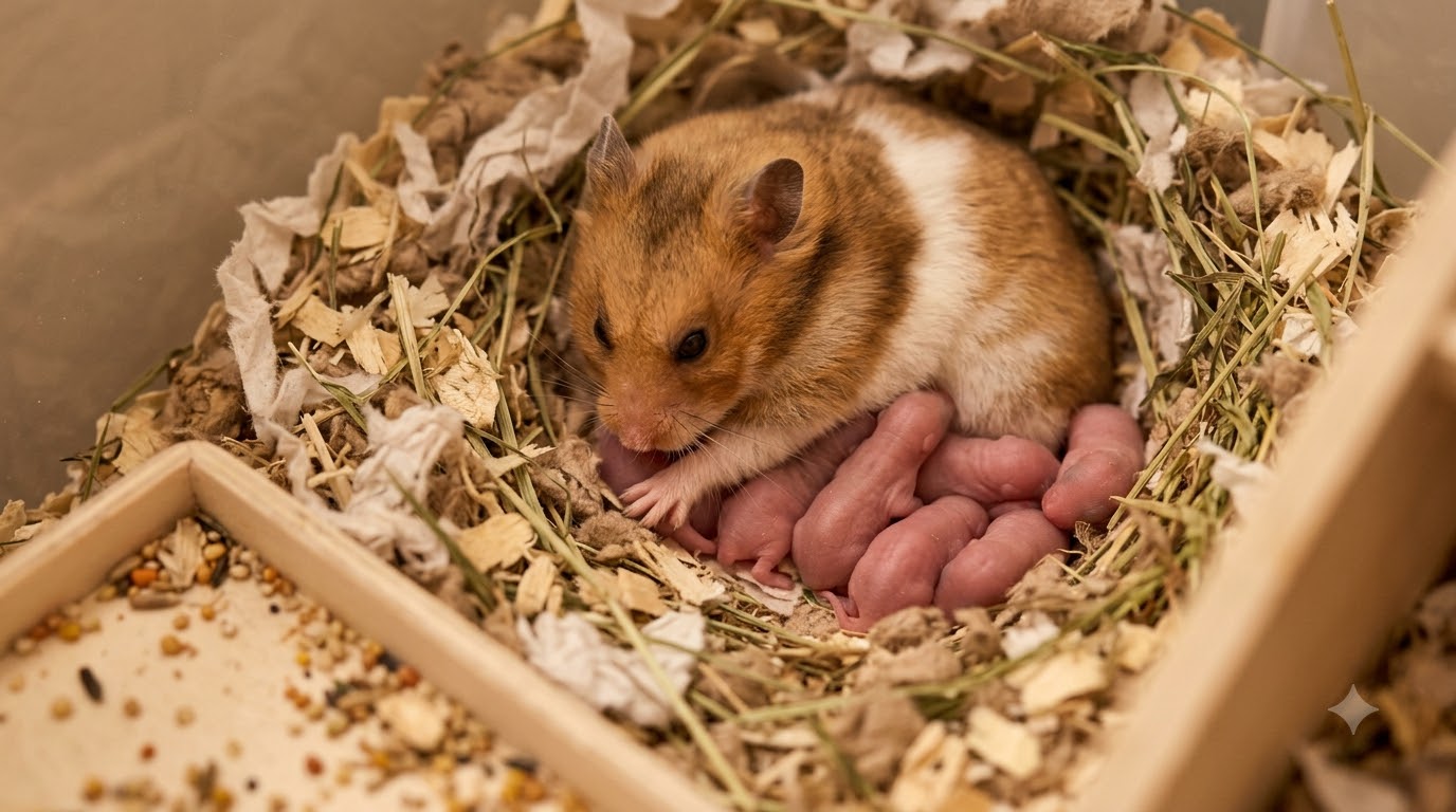 Hamster mẹ tiếp cận thức ăn và nước uống trong chuồng
