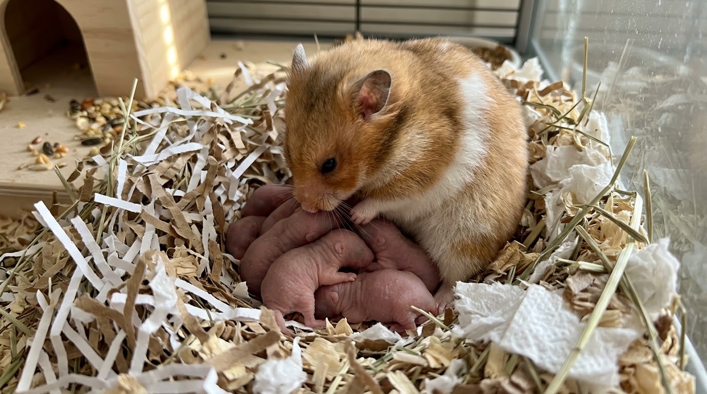 Hamster mẹ bên đàn con trong ổ được đặt ở nơi yên tĩnh