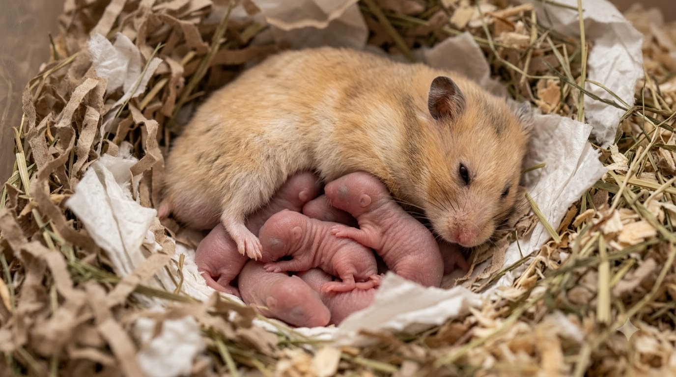 Hamster mẹ ở yên trong ổ cùng đàn con mới sinh